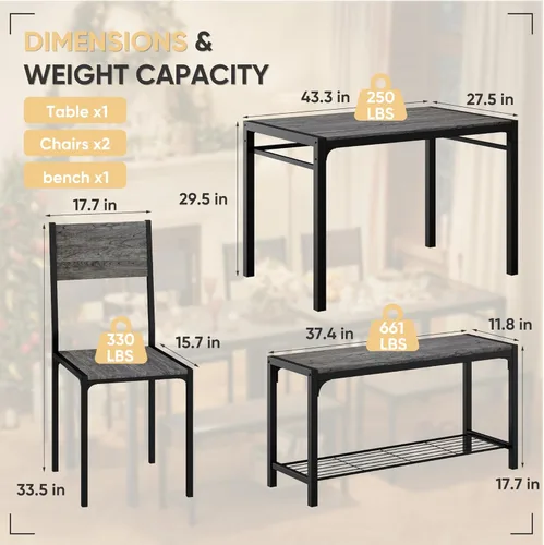 Vista 15 de Shahoo Mesa de cocina y 2 sillas para 4 personas con banco, juegos de comedor de 4 piezas para espacios pequeños, color marrón rústico