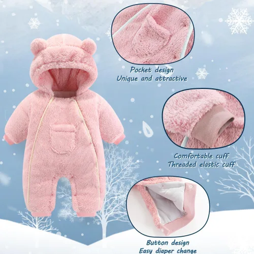 Vista 4 de Traje de oso para bebé recién nacido, traje de forro polar, mameluco con capucha, ropa de invierno, traje de nieve