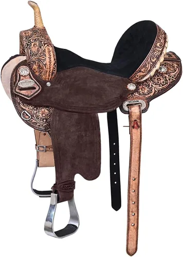 HILASON Western Horse Barrel Flex Tree Trail Sillín de cuero americano marrón antiguo hermoso floral labrado a mano y tallado