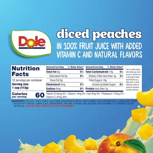 Vista 3 de Dole recipientes con fruta, melocotones en trozos con 100% jugo, sin gluten, bocadillo saludable, 4onzas, 12unidades en total