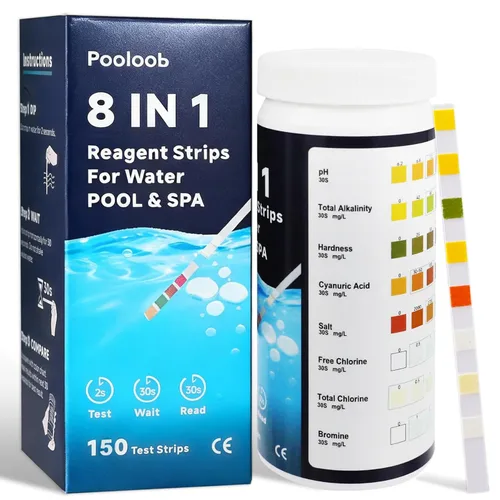 Vista 9 de Pooloob Tiras de prueba 8 en 1 para piscina y spa, kit de prueba de agua de 100 unidades para piscinas de agua salada y cloro. Prueba pH, sal, cloro