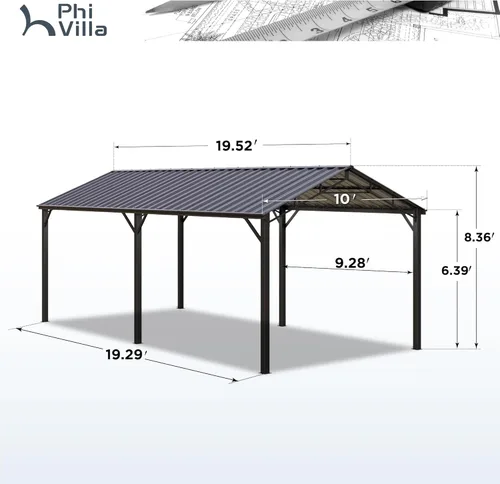 Vista 6 de PHI VILLA Cochera metálica independiente de 10 x 20 pies con techo de acero galvanizado, cochera metálica resistente de alta resistencia para autos