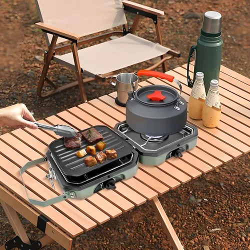 Vista 5 de Estufa de campamento de propano de 2 quemadores con parrilla, estufa portátil de propano de 16000 BTU con 2 quemadores ajustables e encendido