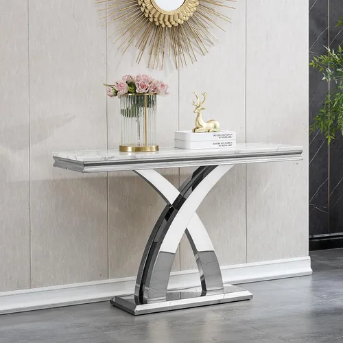 Mesa de consola de mármol, moderna mesa rectangular de lujo para sofá de entrada de mármol con parte superior de mármol sintético de 0.71 pulgadas