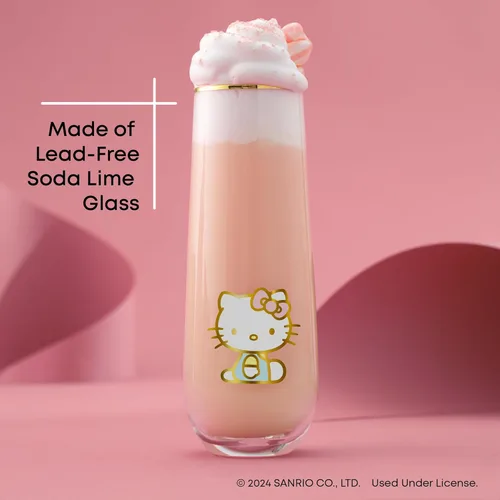 Vista 4 de JoyJolt Hello Kitty Stay Gold Copas sin pie tipo flauta, Juego de 4 vasos para beber de 9.4 onzas, vasos Highball Sanrio, juego de vasos de cocina