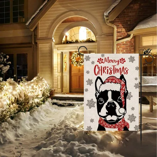 Vista 5 de Sombrero de bandera de jardín de Navidad, Boston Terrier con bufanda, decoración navideña de invierno, vacaciones, arpillera, vertical, doble cara