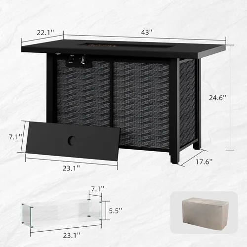 Vista 2 de Mesa para fogata de propano de 43 pulgadas con protector de viento y tapa de vidrio, chimenea de gas para exteriores de 50,000 BTU, resistente a
