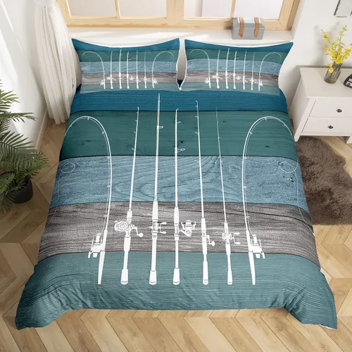 Vista 15 de Juego de ropa de cama de peces para hombres, ropa de pesca en hielo, funda de edredón de pesca retro acuarela de madera con anzuelo de madera