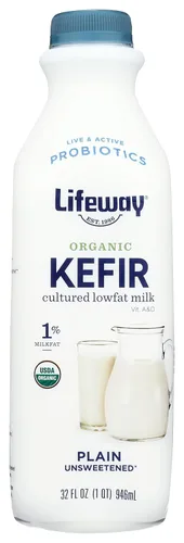 Lifeway Kéfir Orgánico Bajo en Grasa, Natural, 32 Onzas, 11g de Proteína, 12 Cultivos Activos Vivos
