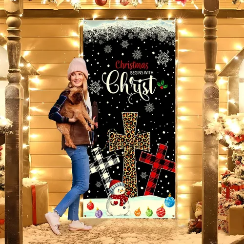 Vista 6 de RUMIA Cubierta de Puerta de Navidad con Nacimiento, "Christmas Begins with Christ", Decoración de Puerta Delantera, Banner, Cruz de Navidad Bandera