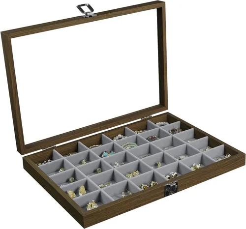 Stratalife Organizador de joyas de madera con 30 rejillas, bandeja para aretes, caja de anillos, organizador de aretes con tapa transparente,