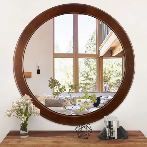Vista 9 de Espejos redondos de 24 pulgadas, espejo rústico de pared de tocador de madera con marco de madera, espejo circular de madera para baño, dormitorio