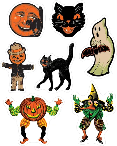 Beistle Adhesivos vintage de Halloween para ventana, 28 iconos clásicos en 4 hojas, hoja de 12 x 17 pulgadas, cara de gato, luna, fantasma