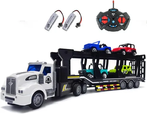 Camión transportador de automóviles a control remoto, incluye 4 autos, 14 pulgadas, 1:48, mini remolque de juguete a control remoto con 2 baterías