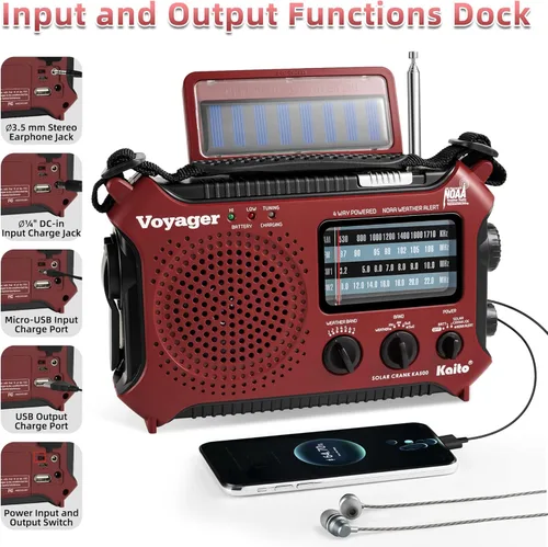 Vista 3 de Radio de alerta meteorológica Kaito KA500 de emergencia AM/FM/SW con 5 funciones Rojo