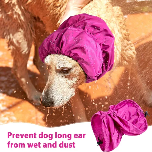 Vista 2 de Paterr 2 gorros de ducha para perro, impermeables, ajustables, para protección de baño, diadema, gorro de lluvia, baño, aseo y natación, color morado