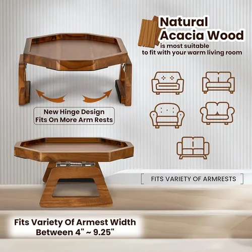 Vista 3 de Tinamo Bandeja para apoyabrazos de sofá octagonal de acacia, mesa de reposabrazos de sofá con brazos plegables - Caddy para sillón, bandeja con clip