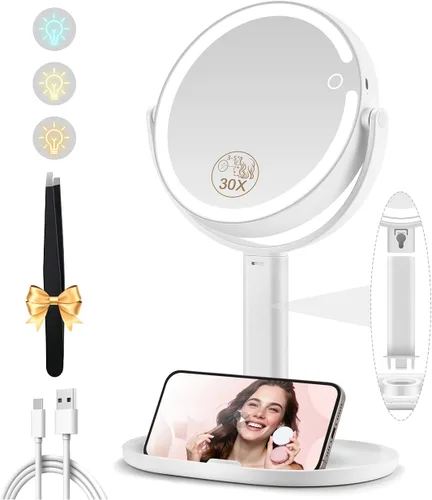 Vista 8 de MOMOKUBA Espejo de maquillaje con luces, espejo de aumento de doble cara 1x/20x con luz, recargable de 3 luces de color y brillo ajustable, rotación