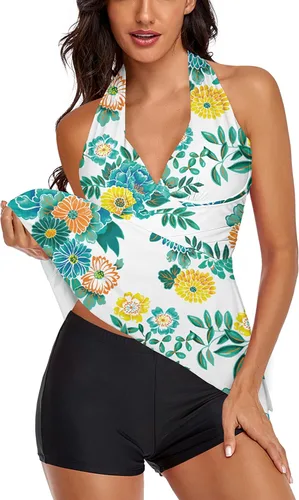 Vista 2 de Traje de baño tankini halter para mujer, de dos piezas, con control de abdomen, cuello en V, fluido con pantalones cortos