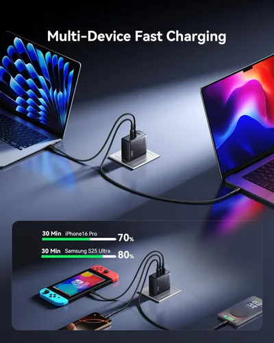 Vista 3 de INIU Cargador para iPhone 17, 3 puertos de 100 W USB-C + USB-A, cargador rápido compacto plegable USBC para iPhone 17 16 15 Pro Max, MacBook Air M4