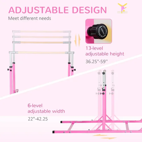Vista 4 de Qaba Barras horizontales dobles, barras desiguales juveniles para gimnasia para el hogar con alturas ajustables de 13 niveles de 36 a 59 pulgadas