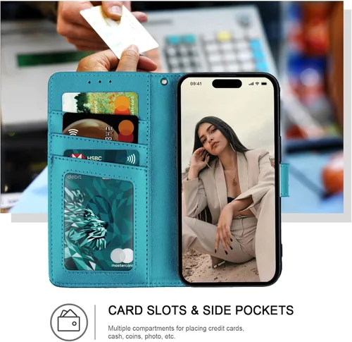 Vista 2 de Funda tipo cartera para iPhone 15 Pro Max, bloqueo RFID, soporte para 3 tarjetas con ranura para tarjetas de crédito, funda protectora magnética