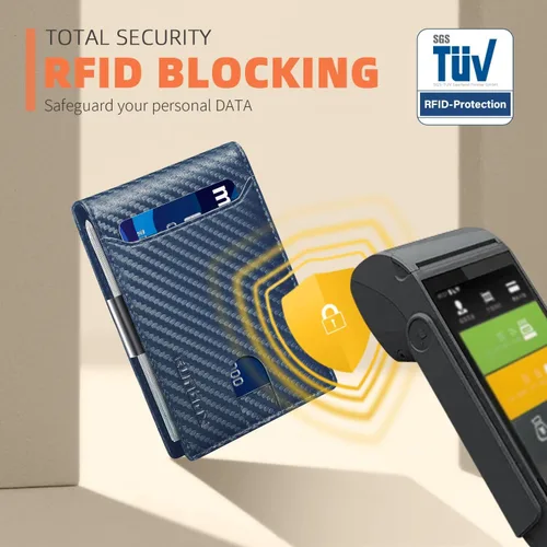 Vista 19 de RUNBOX - Carteras delgadas para hombre, cartera de piel con pinza para el dinero, cartera de bolsillo frontal con bloqueo RFID, tarjetero