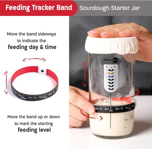 Vista 2 de KneadAce Tarro básico de masa madre con banda de alimentación marcada con fecha, termómetro, raspador de tarro de masa madre, cubierta de tela