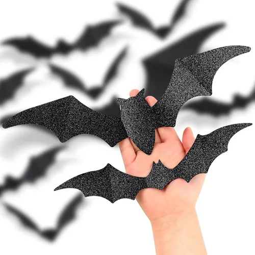 Vista 4 de DIYASY Decoración de pared de murciélagos grandes, murciélago colgante con purpurina 3D, decoración de Halloween, calcomanías de plástico