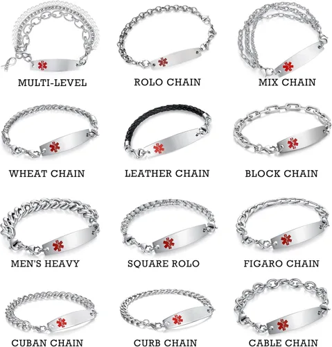 Vista 2 de Pulseras médicas ajustables de 7.5"-9" para mujereshombres pulseras médicas intercambiables de acero inoxidable