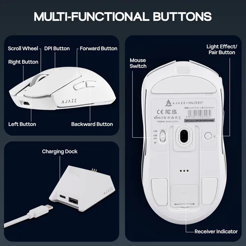 Vista 7 de MechLands AJAZZ AJ139 V2 MC Mouse para juegos con base de carga, ajustable 12,000 DPI, sensor PAW3311, 3 modos de mouse inalámbrico, batería de 500