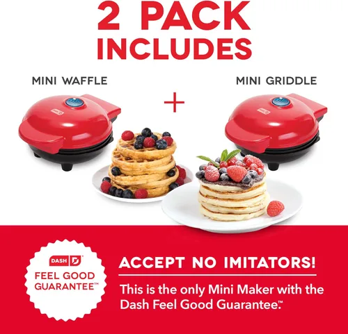 Vista 6 de DASH Mini Máquina para Hacer Waffles + Plancha, Paquete de 2 Máquina para Waffles + Plancha - Rojo