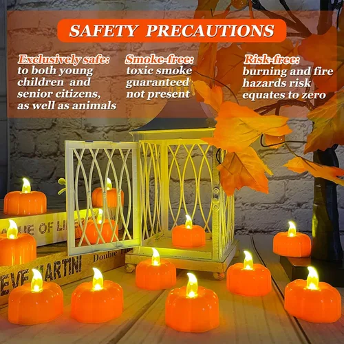 Vista 4 de Decoraciones de otoño para el hogar, luces de té de calabaza, paquete de 12 luces LED de calabaza naranja sin llama, velas que funcionan