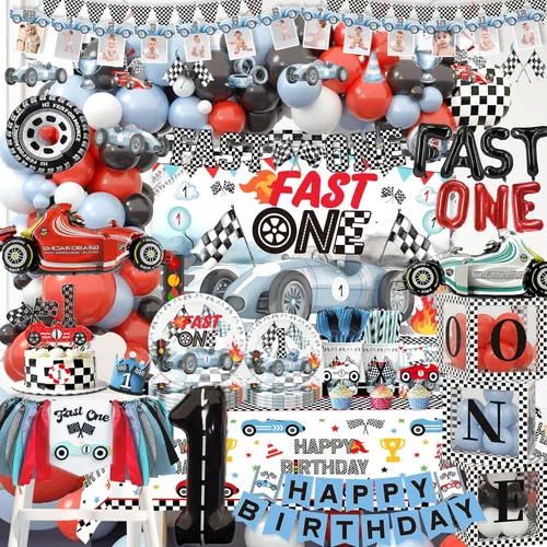 Fast One - Decoraciones de cumpleaños para niños, suministros de decoración de fiesta temática de coche de primera carrera, suministros para fiesta