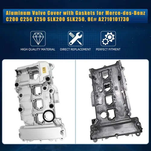 Vista 4 de Cubierta de válvula de aluminio mejorada con juntas compatible con Merce-des-Benz C200 C250 E250 SLK200 SLK250, OEM # A2710101730 2710101730