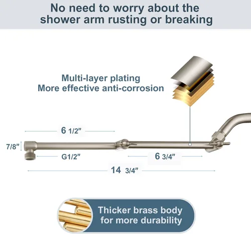 Vista 2 de BRIGHT SHOWERS Extensor de brazo de ducha de latón para lluvia y cabezal de ducha de mano, brazo de extensión universal de 14 pulgadas, altura