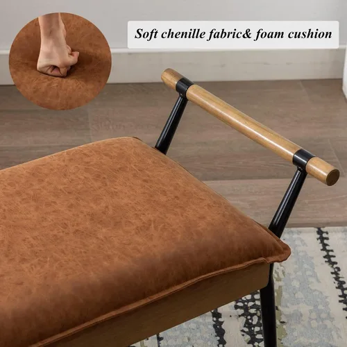 Vista 4 de DUOMAY Banco Otomano Rectangular Moderno con Brazos y Patas de Metal, Banco de Mesa de Comedor de PU de Mediados de Siglo, Reposapiés, Banco