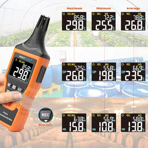 Vista 4 de Protmex PT618 Medidor de Temperatura y Humedad, Termómetro Higrómetro con Ambiente, Punto de Rocío, Bulbo Húmedo para Interior/Exterior MÍN, MÁX