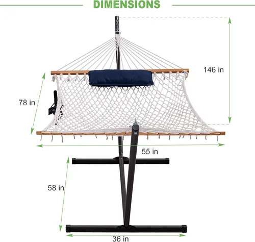Vista 6 de Lazy Daze Hammocks Hamaca de doble cuerda con soporte incluido, cuerda de algodón tradicional de 12 pies con almohada para exterior, patio trasero
