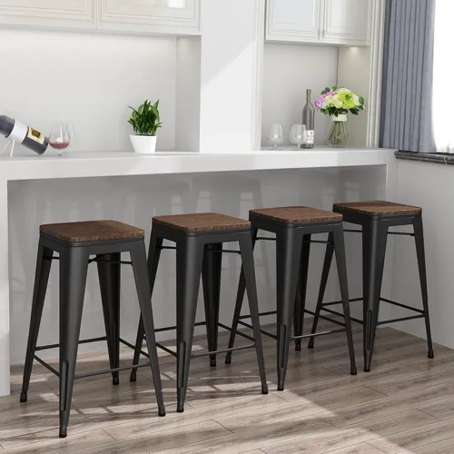 Yongqiang Juego de 4 taburetes de bar de metal sin espalda de 24 pulgadas, apilables, industriales, para taburetes de isla de cocina, con asiento de