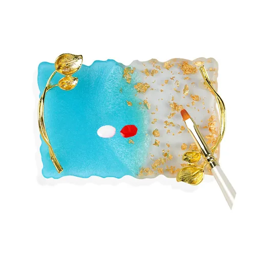 Paleta de arte de uñas de resina, placa de esmalte de uñas, soporte para cepillo de uñas vintage, metal chapado en oro, linda paleta de mezcla de