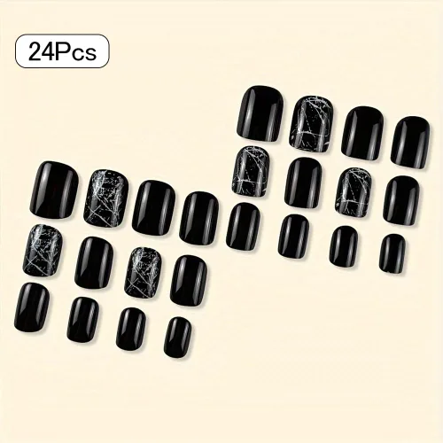 Vista 2 de Uñas postizas a presión de Halloween, uñas postizas cortas cuadradas negras con diseño agrietado en blanco y negro, uñas postizas artificiales a