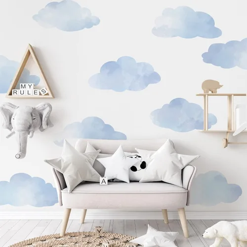 Vista 3 de Calcomanías de pared de nube de acuarela azul de gran tamaño, calcomanías de pared de nube, calcomanías de pared para guardería, calcomanías