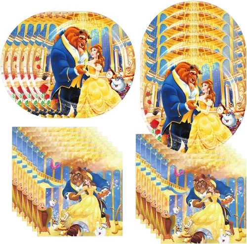 DoMiDoLa 40 suministros de fiesta de La Bella y la Bestia incluyen 20 platos, 20 servilletas para la decoración de fiesta de cumpleaños de La Bella