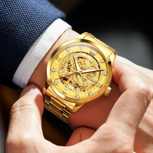 Vista 5 de OLEVS Dragon Skeleton Reloj automático para hombre, 1.654 pulgadas, esfera grande, dorado, de lujo, cuerda automática, impermeable, acero