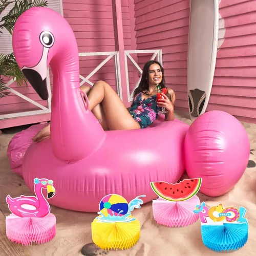 Vista 6 de Teling 9 piezas de centros de mesa de panal de abeja de verano para piscina, playa, decoración 3D de doble cara sandía panal de abeja flamenco