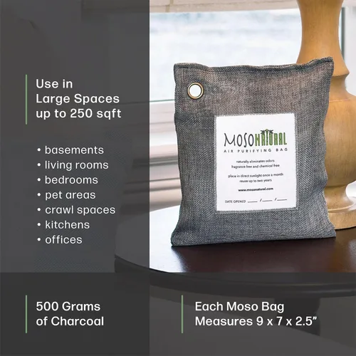 Vista 3 de Moso Natural Bolsa purificadora de aire de 17.64 oz Absorbente de olores de carbón de bambú premium para el hogar, dormitorio, cocina, sótano