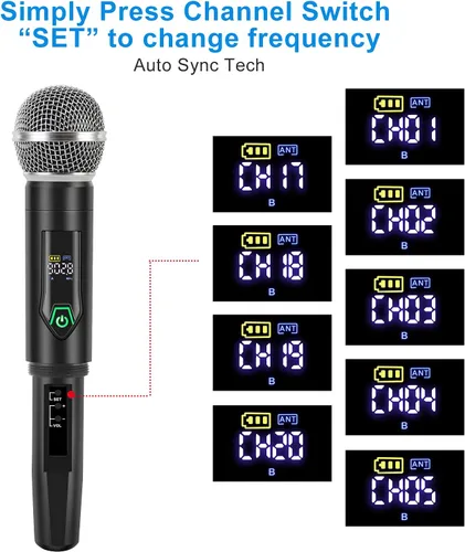 Vista 4 de Sistema de Micrófono Inalámbrico con Estuche, Micrófono Inalámbrico de Metal UHF de Mano Dual de 20 Canales Sistema de Micrófono Inalámbrico