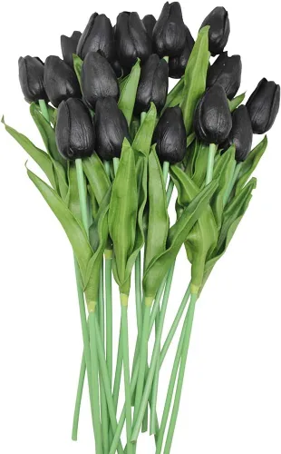 Flores artificiales, 10 cabezas, mini tulipán artificial de tacto real para decoración del hogar, boda, fiesta, centro de mesa (negro)