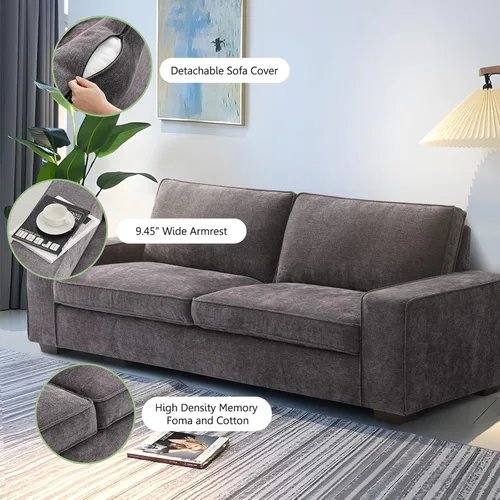 Vista 21 de LEISLAND Sofás modernos de 88.58 pulgadas para sala de estar, sofás y sofás de felpilla con reposabrazos cuadrados, cojín extraíble de respaldo bajo